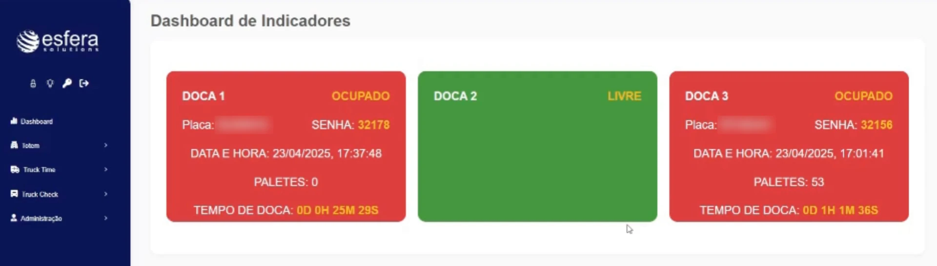 Dashboard de indicadores do SAV com três docas: Doca 1 ocupada há 25 minutos, Doca 2 livre e Doca 3 ocupada há 1 hora com 53 paletes
